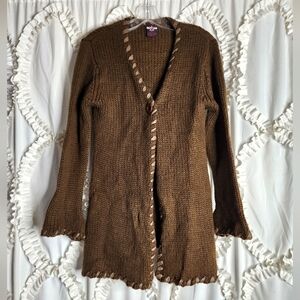 Vintage Boho Lemo Knitted Brown Leather One Button Cardigan Sweater Size Large